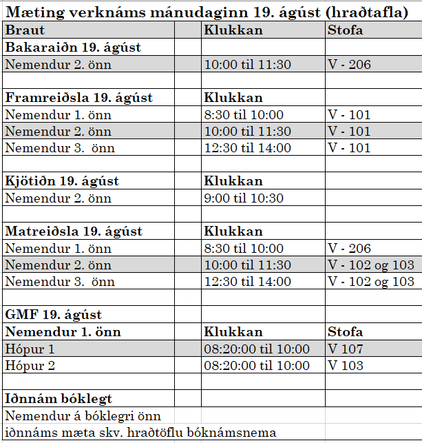 Hraðstundatafla verknáms mánudaginn 19. ágúst