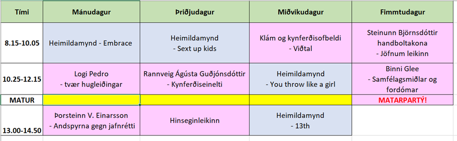 excel tafla með viðburðum