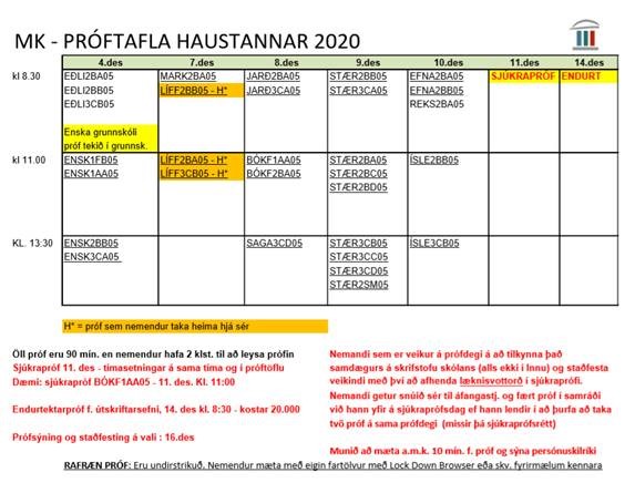 Tafla með tímasetningum á prófum í desember