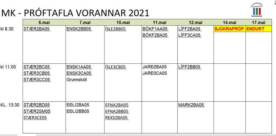 Próftafla vorannar 2021