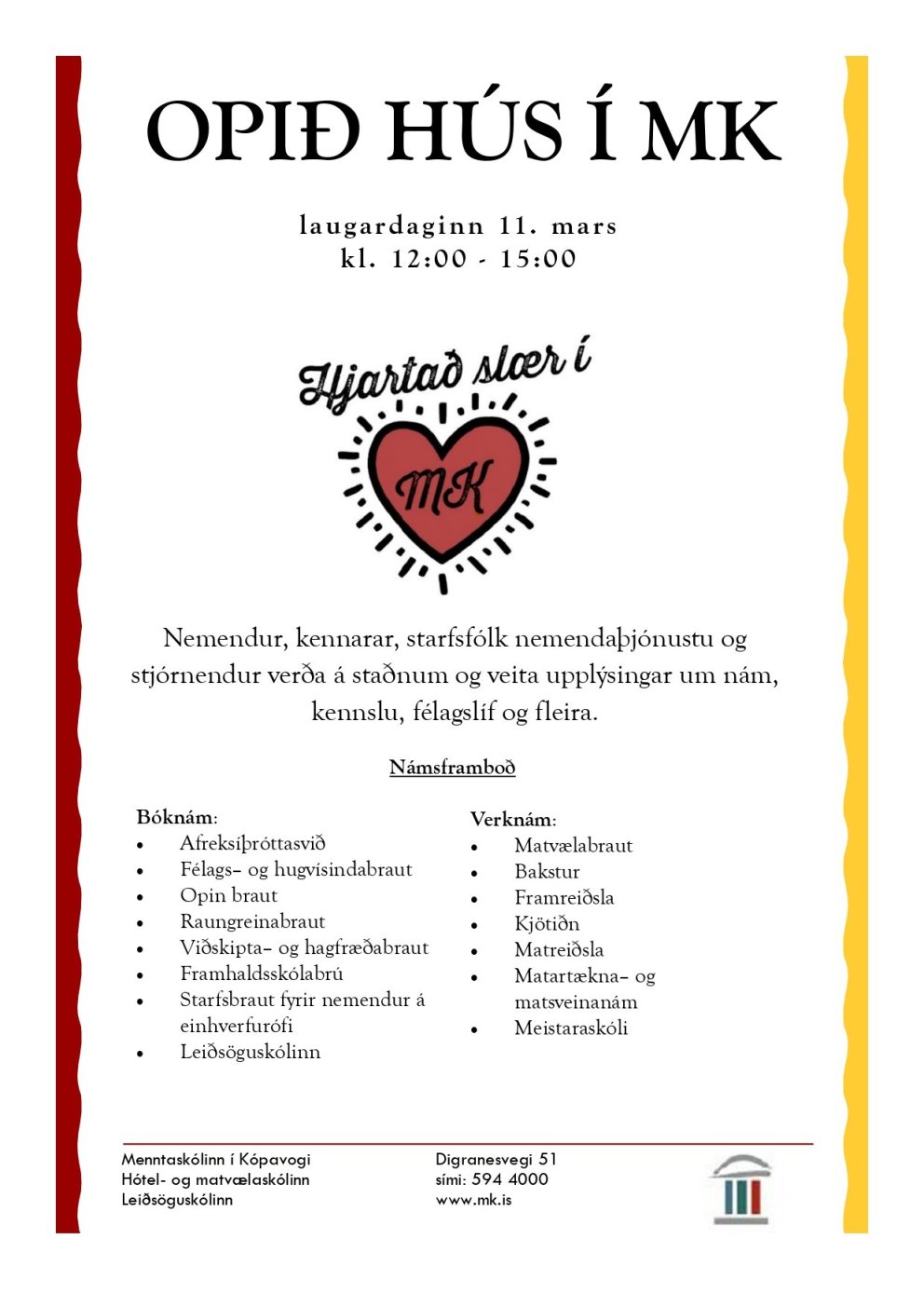 Opið hús í MK laugardaginn 11. mars