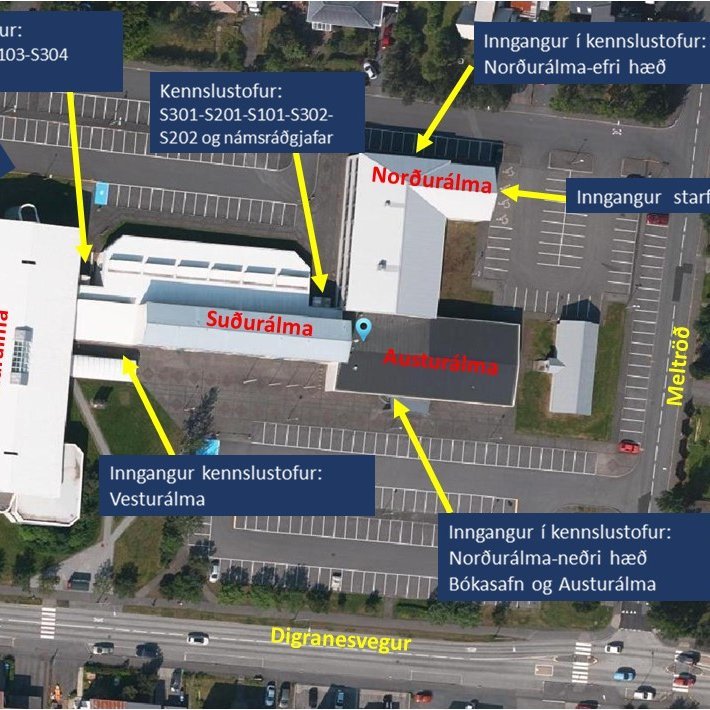 Mynd sem sýnir alla innganga skólans
